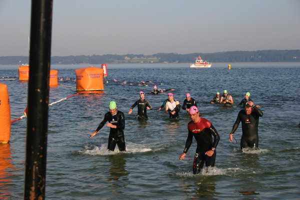 Die Schwimmer kommen aus dem Wasser.